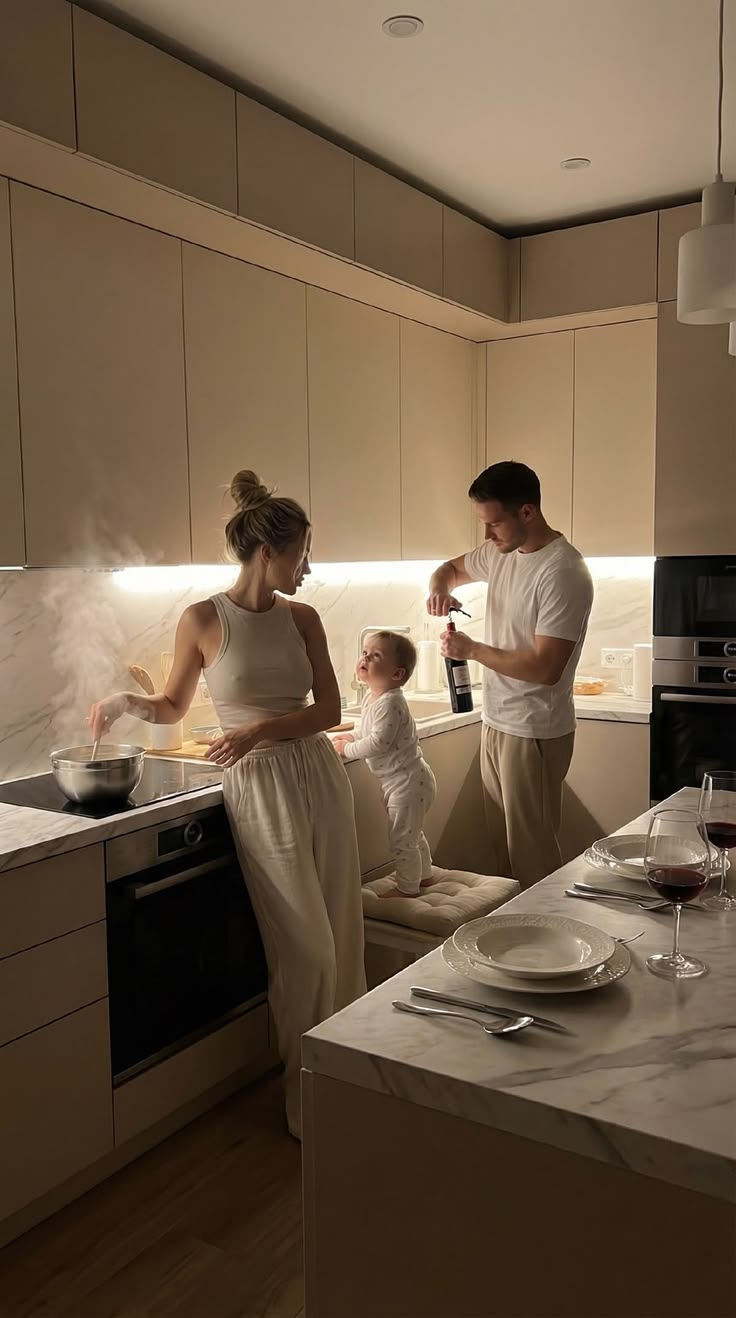 Two adults and a small child in a bright kitchen in the evening.
